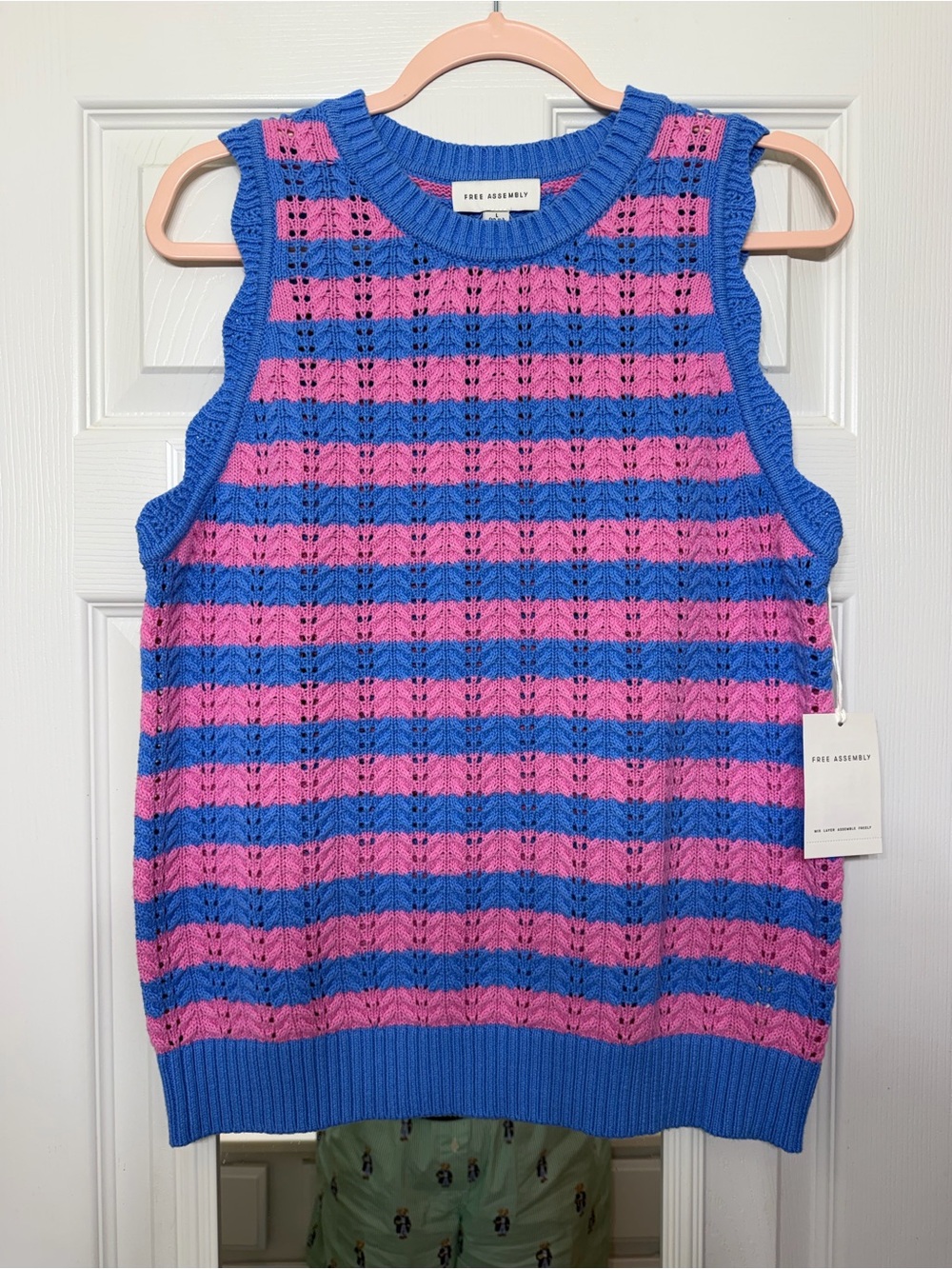 blue and pink striped crochet cotton racerback tank top NWT